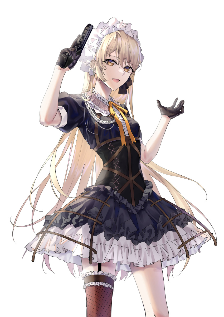 1girl absurdres black_gloves blonde_hair breasts brown_eyes cowboy_shot dress frilled_dress frilled_hairband frilled_thighhighs frills garter_straps girls_frontline gloves gothic_lolita gun hairband handgun highres lolita_fashion long_hair open_mouth ppk_(girls'_frontline) puffy_short_sleeves puffy_sleeves short_sleeves single_thighhigh small_breasts smile solo suprii thigh-highs very_long_hair walther walther_ppk weapon