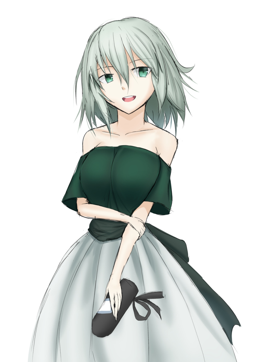 1girl bare_shoulders breasts collarbone commentary gnlo green_eyes green_hair green_shirt green_skirt hat headwear_removed highres holding holding_clothes holding_hat holding_own_arm looking_at_viewer open_mouth shirt short_hair simple_background skirt soga_no_tojiko solo tate_eboshi teeth touhou upper_teeth_only white_background