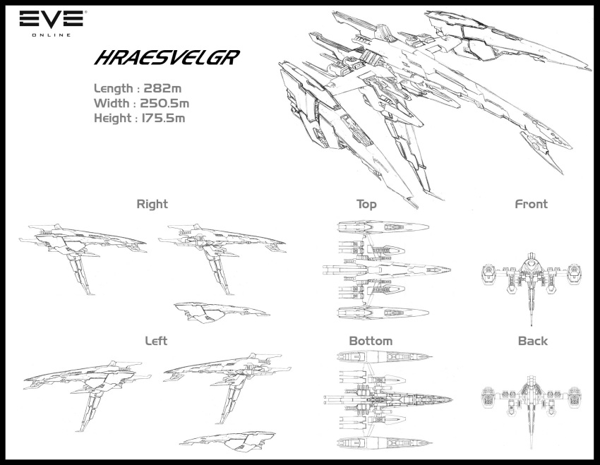 commentary concept_art copyright_name destroyer_(eve_online) english_text eve_online from_above from_behind from_below from_side greyscale highres lineart logo military military_vehicle monochrome multiple_views no_humans original rekkou science_fiction spacecraft thrusters