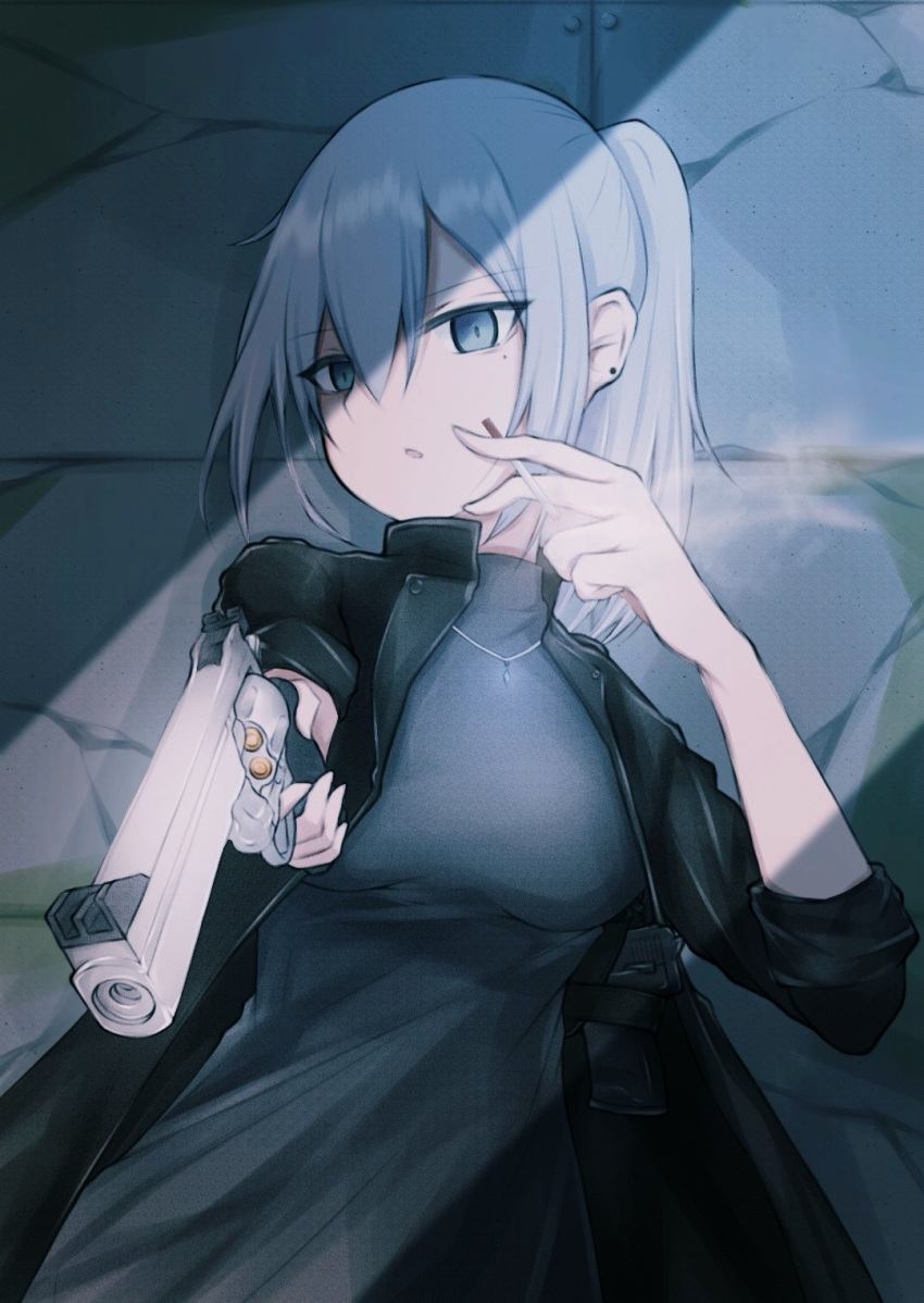 1girl aiming_at_viewer black_coat black_sweater cigarette coat earrings grey_eyes grey_hair gun highres holding holding_cigarette holding_gun holding_weapon jewelry long_hair looking_at_viewer necklace open_mouth original ponytail revolver shsuta_0013 sleeves_rolled_up smoking solo sweater turtleneck turtleneck_sweater upper_body weapon