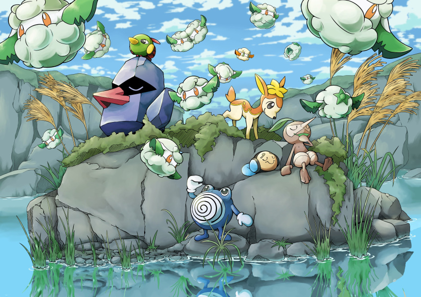 absurdres black_eyes blue_sky boulder brown_eyes closed_eyes closed_mouth clouds cottonee deerling deerling_(autumn) highres lake leaf looking_at_another nosepass nuzleaf outdoors plant pokemon pokemon_(creature) poliwhirl q-chan sky tall_grass tympole
