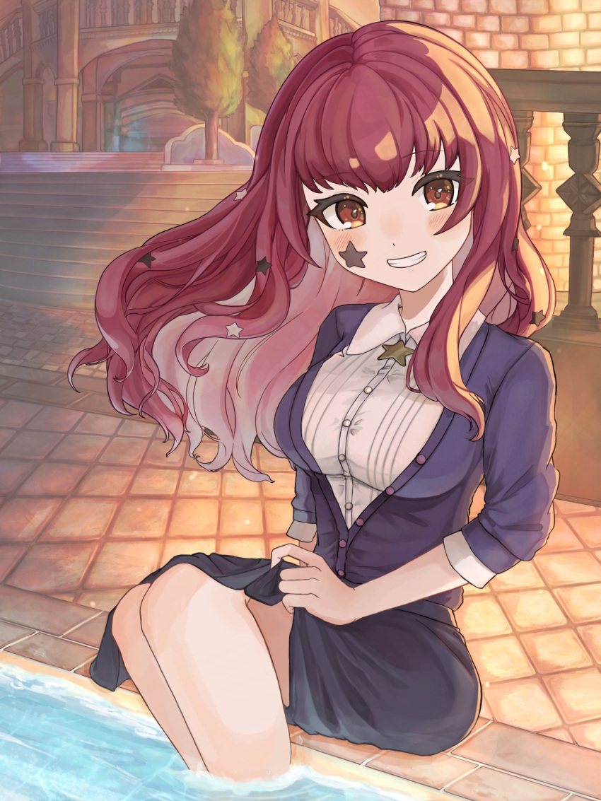 1girl black_skirt buttons casual collared_shirt facial_mark fire_emblem fire_emblem_engage hair_ornament highres kans0u55 long_hair looking_at_viewer official_alternate_costume on_floor partially_submerged red_eyes redhead shirt sitting skirt smile solo star_(symbol) sweater water white_shirt yunaka_(fire_emblem)