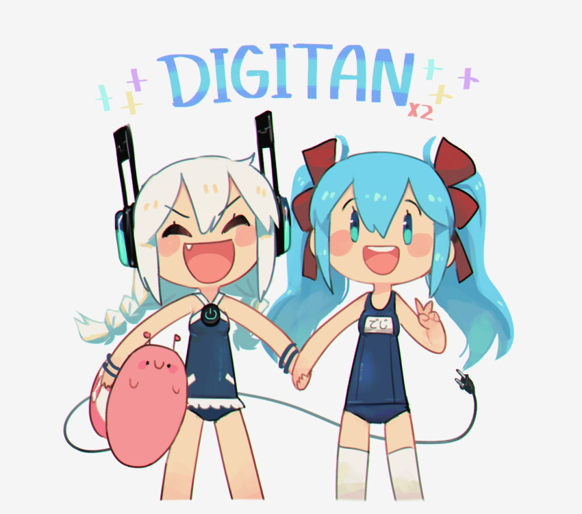 2girls :d ^_^ aqua_eyes bare_arms bare_shoulders blue_hair blue_one-piece_swimsuit blush bracelet braid breasts chibi closed_eyes digitan digitan_(porforever) fang grey_background hair_between_eyes hair_ribbon happy headphones highres jewelry long_hair looking_at_viewer multiple_girls old_school_swimsuit one-piece_swimsuit open_mouth original porforever power_symbol red_ribbon ribbon school_swimsuit simple_background small_breasts smile snail swimsuit tail thigh-highs twin_braids twintails white_hair white_thighhighs