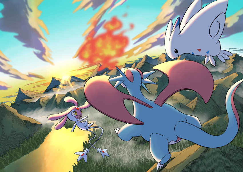 black_eyes closed_mouth clouds flying forest highres looking_at_another mesprit mountainous_horizon nature open_mouth outdoors pokemon pokemon_(creature) q-chan river salamence sky sunset togekiss tree yellow_eyes