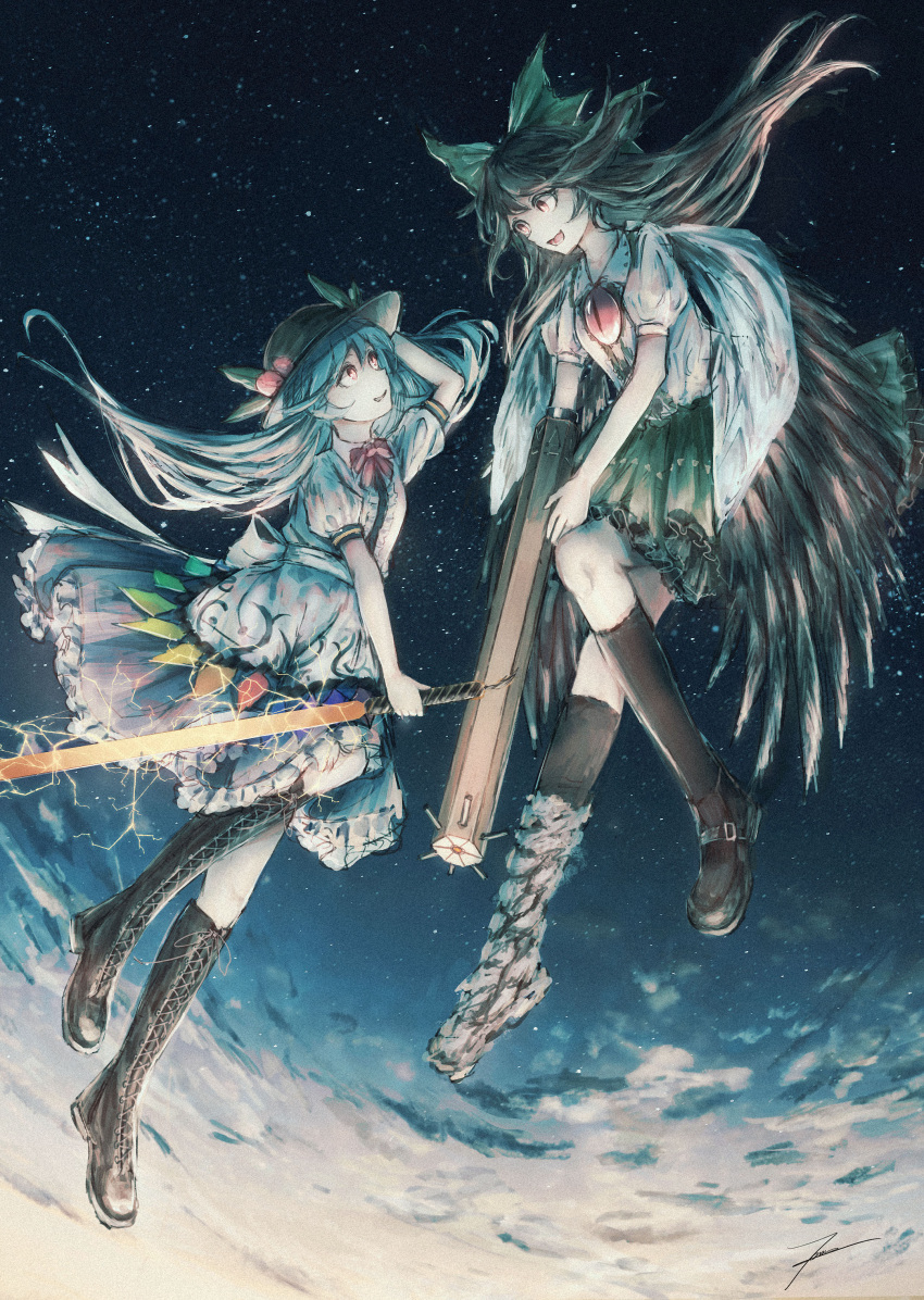 2girls absurdres arm_cannon bird_wings black_footwear black_hair black_headwear black_socks black_wings blue_hair blue_skirt boots collared_shirt commission cross-laced_footwear feathered_wings fruit_hat_ornament green_skirt hat hat_ornament highres hinanawi_tenshi holding holding_sword holding_weapon kneehighs lace-up_boots long_hair multiple_girls peach_hat_ornament puffy_short_sleeves puffy_sleeves red_eyes reiuji_utsuho shirt short_sleeves skeb_commission skirt socks sword sword_of_hisou third_eye tonan_(l0l0l0l0l0l) touhou weapon white_shirt wings