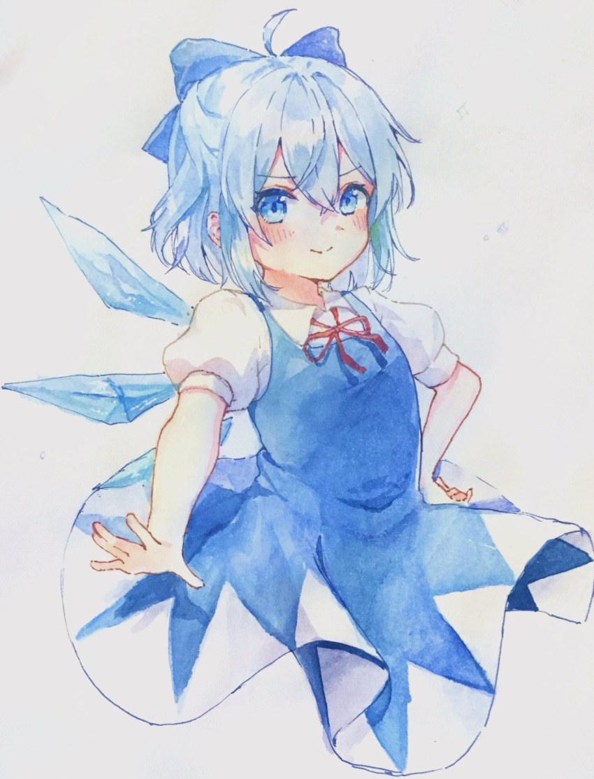 1girl ahoge blue_bow blue_eyes blue_hair bow cirno closed_mouth collared_shirt connyaku289 cropped_torso crossed_bangs dress grey_background hair_bow hand_on_own_hip highres looking_at_viewer neck_ribbon painting_(medium) pinafore_dress red_ribbon ribbon shirt short_hair simple_background smile solo touhou traditional_media watercolor_(medium) white_shirt