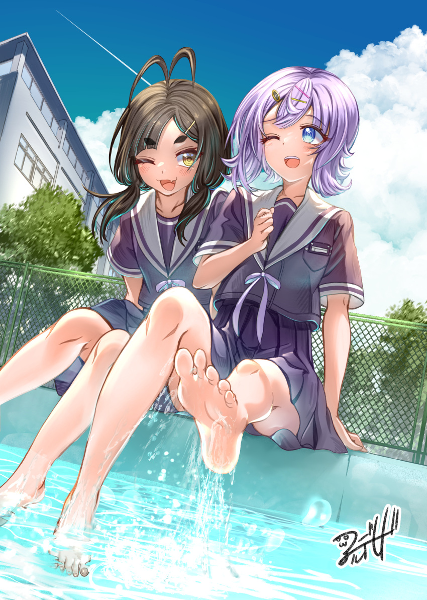 2girls ;d absurdres aldehyde antenna_hair barefoot black_hair blue_eyes blue_sky building chain-link_fence clouds cloudy_sky contrail day feet fence foot_out_of_frame hair_ornament hairclip highres legs multiple_girls one_eye_closed original outdoors pleated_skirt purple_hair purple_serafuku purple_shirt purple_skirt sailor_collar school_uniform serafuku shirt short_eyebrows short_sleeves signature sitting skirt sky smile soaking_feet soles swept_bangs thick_eyebrows toes water white_sailor_collar yellow_eyes