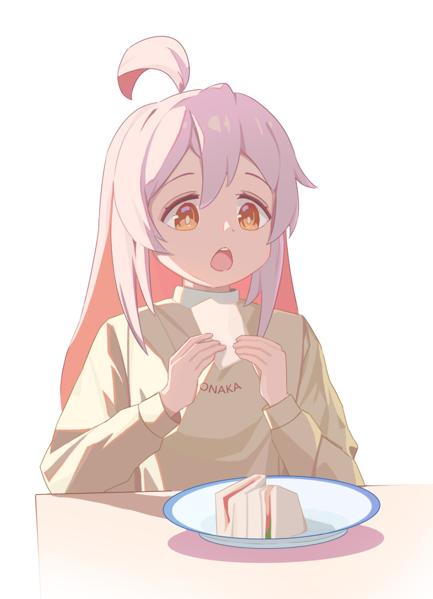 1girl ahoge brown_eyes brown_shirt clothes_writing colored_inner_hair commentary eating f_yren food grey_hair hair_between_eyes highres long_sleeves multicolored_hair onii-chan_wa_oshimai! open_mouth oyama_mahiro pink_hair plate sandwich shirt simple_background solo two-tone_hair white_background