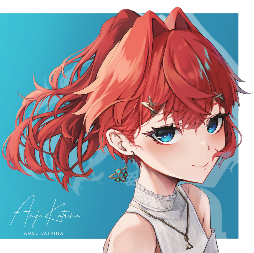 1girl akechi_(akechi_5416) ange_katrina blue_eyes commentary_request earrings hair_intakes hair_ornament hairclip halterneck highres jewelry nijisanji ponytail redhead shirt short_hair smile solo virtual_youtuber white_shirt