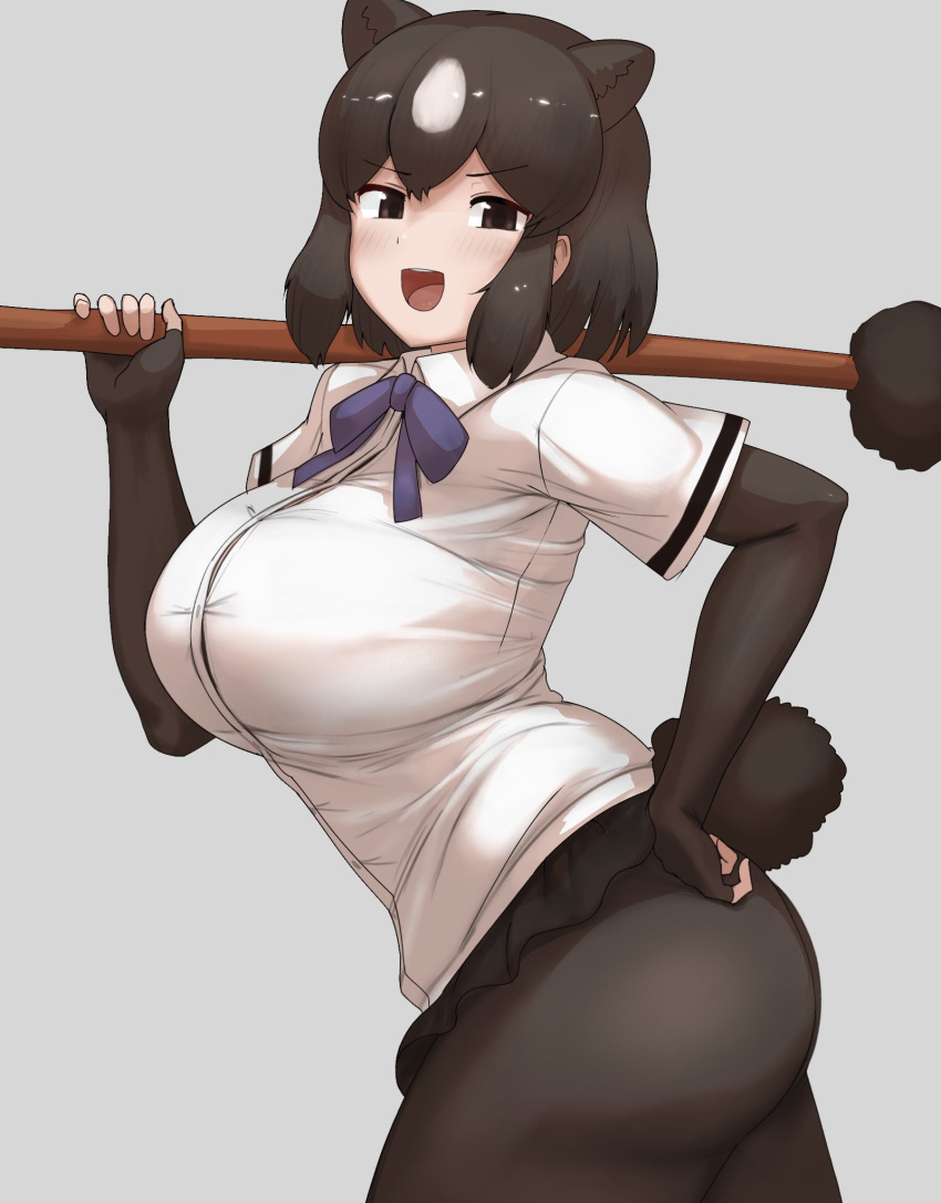 1girl animal_ears bear_ears bear_girl bear_paw_hammer bear_tail bike_shorts_under_skirt black_skirt blue_bow blue_bowtie blush bow bowtie brown_bear_(kemono_friends) brown_eyes brown_gloves brown_hair collared_shirt commentary_request cowboy_shot elbow_gloves extra_ears fingerless_gloves gloves highres kemono_friends multicolored_hair pleated_skirt shibori_kasu shirt short_sleeves sidelocks skirt solo t-shirt tail two-tone_hair white_hair white_shirt