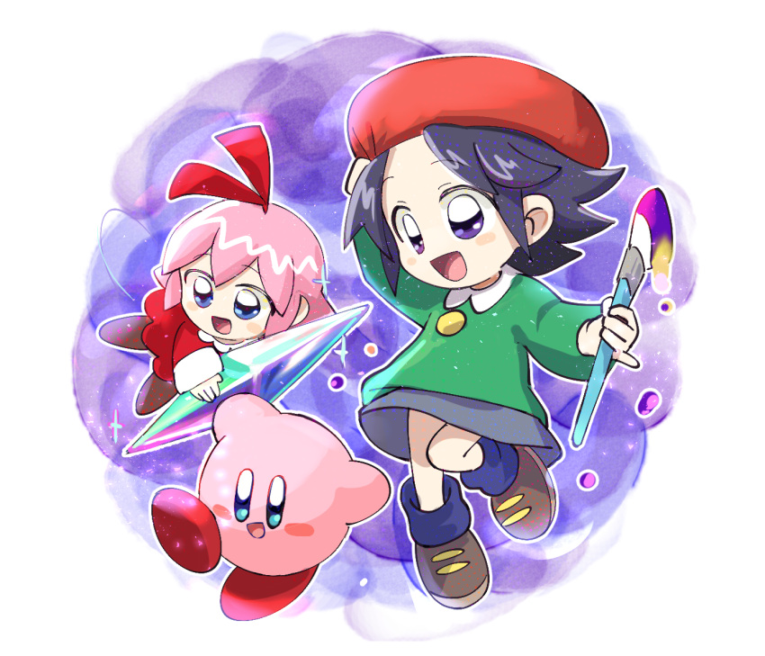 1boy 2girls adeleine blue_eyes fairy_wings green_skirt highres kirby kirby_(series) multiple_girls paintbrush pink_hair rasu_(pixiv9799832) red_headwear red_ribbon ribbon ribbon_(kirby) short_hair skirt violet_eyes wings