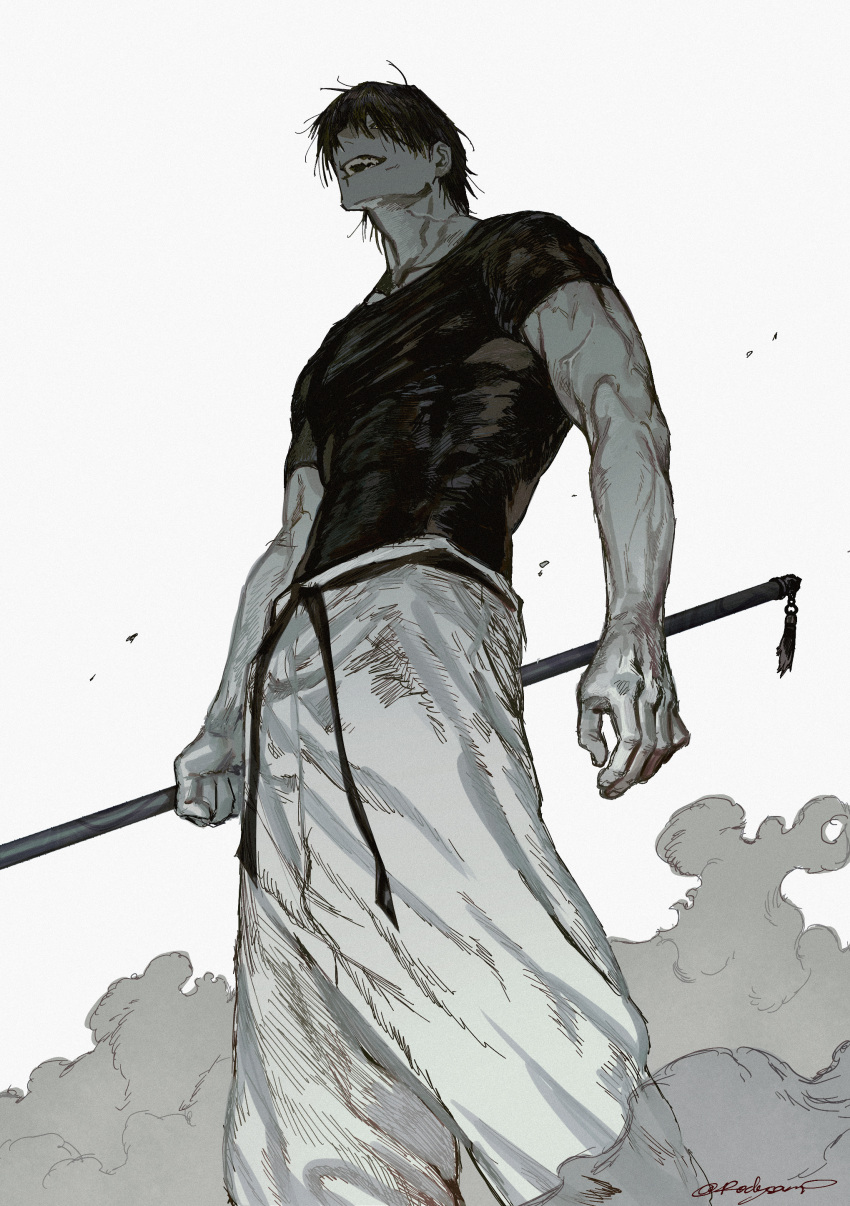 1boy absurdres belt feet_out_of_frame fushiguro_touji greyscale highres holding holding_polearm holding_weapon jujutsu_kaisen male_focus monochrome muscular muscular_male natsu_(rodysanp) open_mouth pants polearm scar scar_on_face shirt short_hair short_sleeves smile smoke solo teeth tight tight_shirt weapon