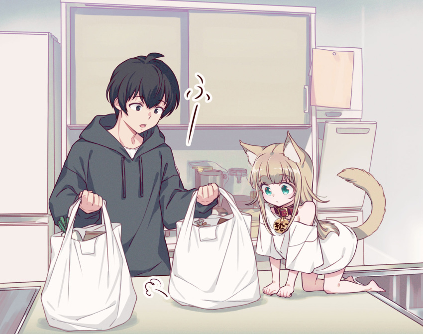 1boy 1girl 40hara :o all_fours animal_collar animal_ears black_eyes black_hair black_hoodie blonde_hair cat_ears cat_girl cat_tail collar drawstring food green_eyes highres holding holding_sack hood hood_down hoodie kinako_(40hara) kitchen original sack tail translation_request white_shirt white_t-shirt