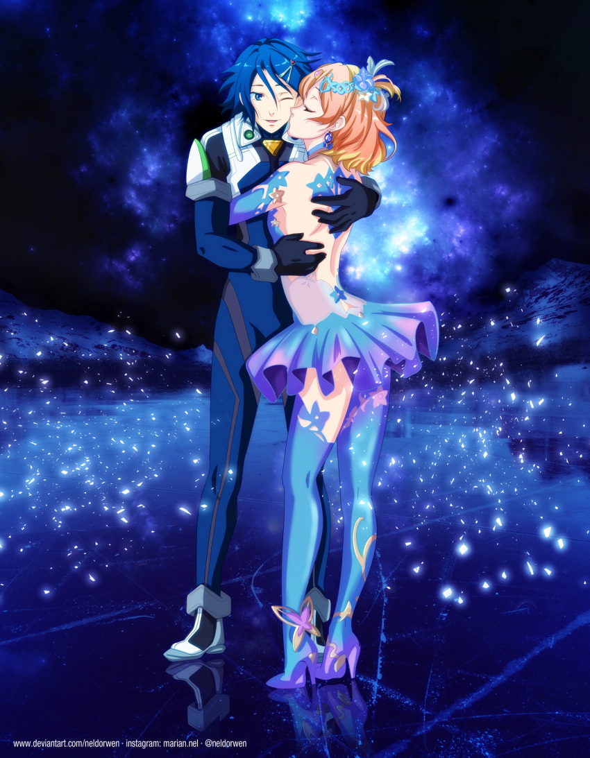 backless_dress backless_outfit blonde_hair blue_eyes blue_hair closed_eyes commission couple dress earrings freyja_wion hayate_immelmann high_heels highres hug jewelry kiss kissing_cheek leggings macross macross_delta multicolored_hair neldorwen one_eye_closed orange_hair pilot_suit shoulder_blades skirt two-tone_hair