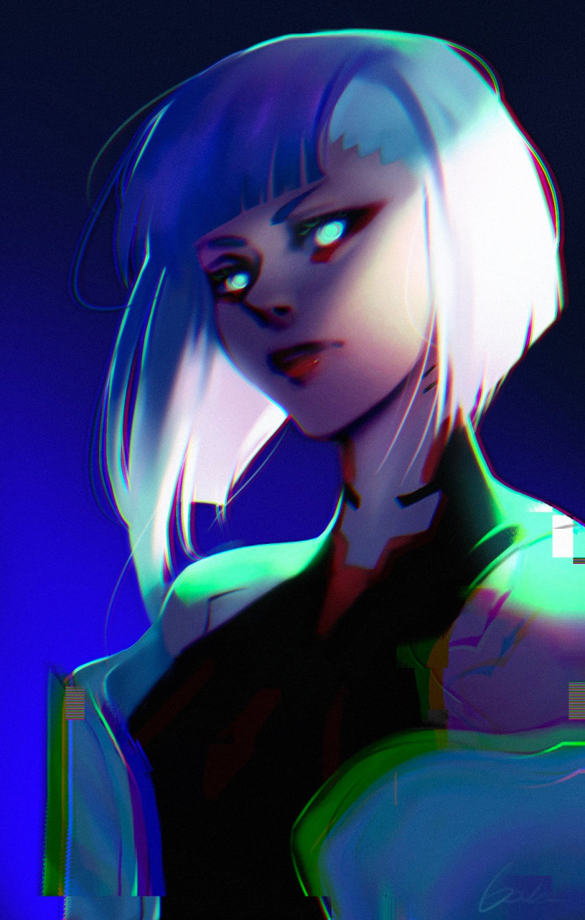 1girl bakamitaii blue_background blue_eyes blunt_bangs cyberpunk_(series) cyberpunk_edgerunners english_commentary glitch glowing glowing_eyes gradient_background highres leotard looking_at_viewer lucy_(cyberpunk) red_eyeliner red_lips short_hair solo turtleneck_leotard upper_body white_hair