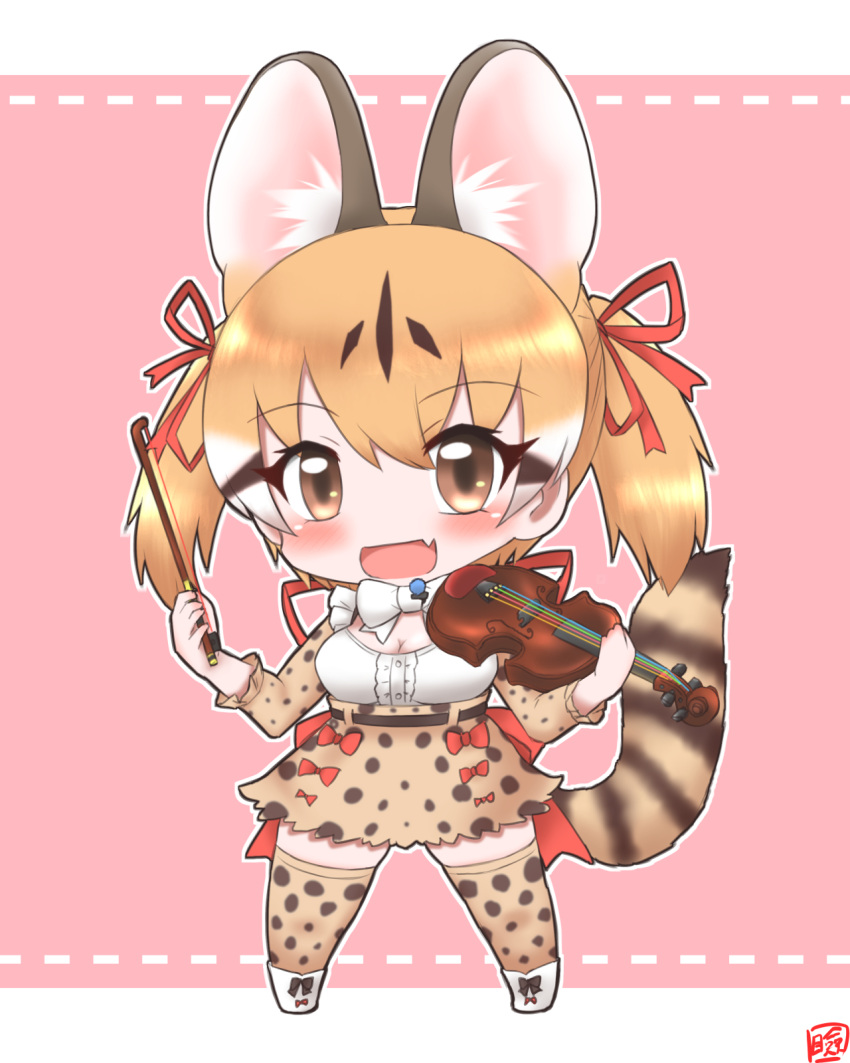 1girl animal_ears belt bow bow_(music) bowtie brown_eyes brown_hair cat_ears cat_girl cat_tail extra_ears highres instrument kemono_friends kemono_friends_v_project kneehighs large-spotted_genet_(kemono_friends) long_hair mabuta_(mbt) microphone open_mouth ribbon shirt shoes simple_background skirt socks solo suspenders tail twintails violin virtual_youtuber