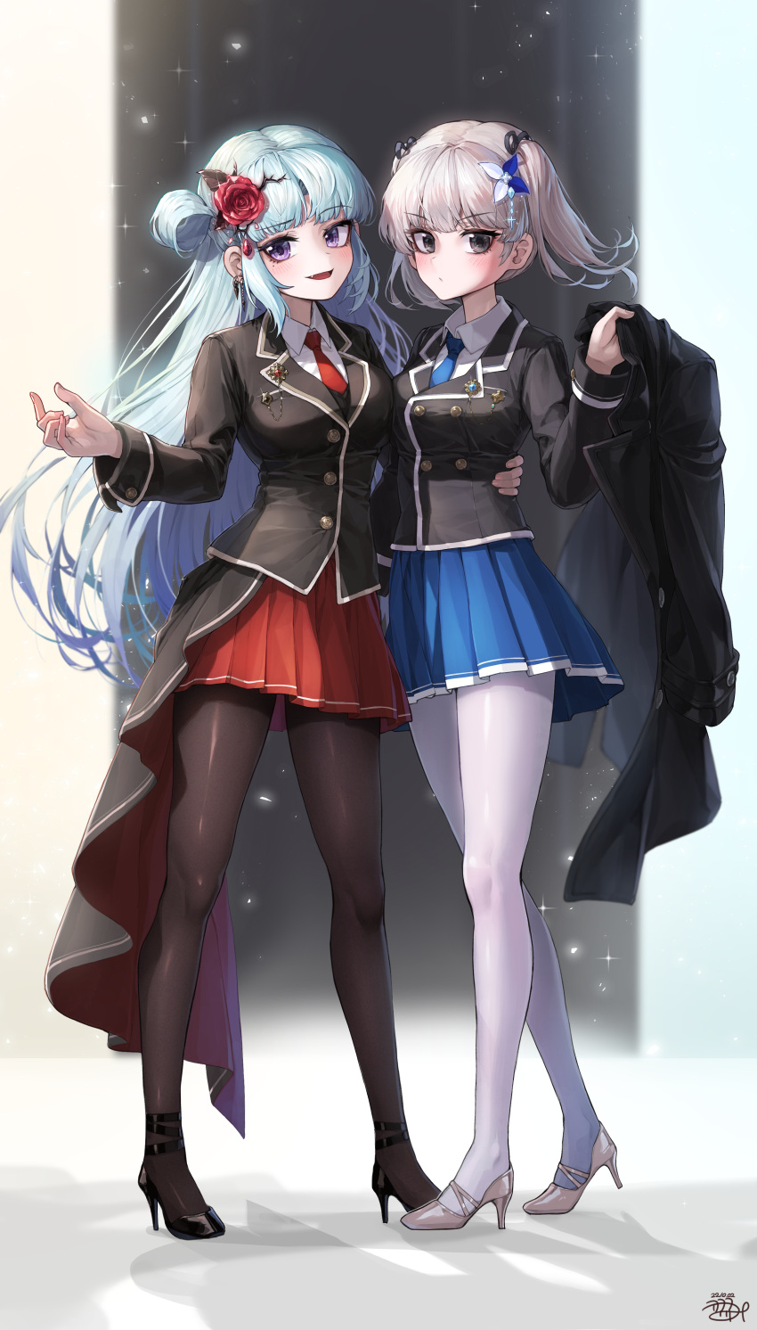 2girls absurdres black_eyes black_jacket black_pantyhose blue_necktie blue_skirt commission green_hair grey_hair high_heels highres jacket kokukyukeo long_hair multiple_girls necktie original pantyhose red_necktie red_skirt school_uniform shirt skirt uniform violet_eyes white_pantyhose white_shirt