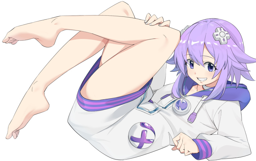 1girl bare_legs blue_eyes choujigen_game_neptune full_body grin hood hood_down hoodie long_sleeves lying makino_harumaki medium_hair neptune_(neptune_series) neptune_(series) on_back purple_hair sidelocks simple_background smile solo white_background