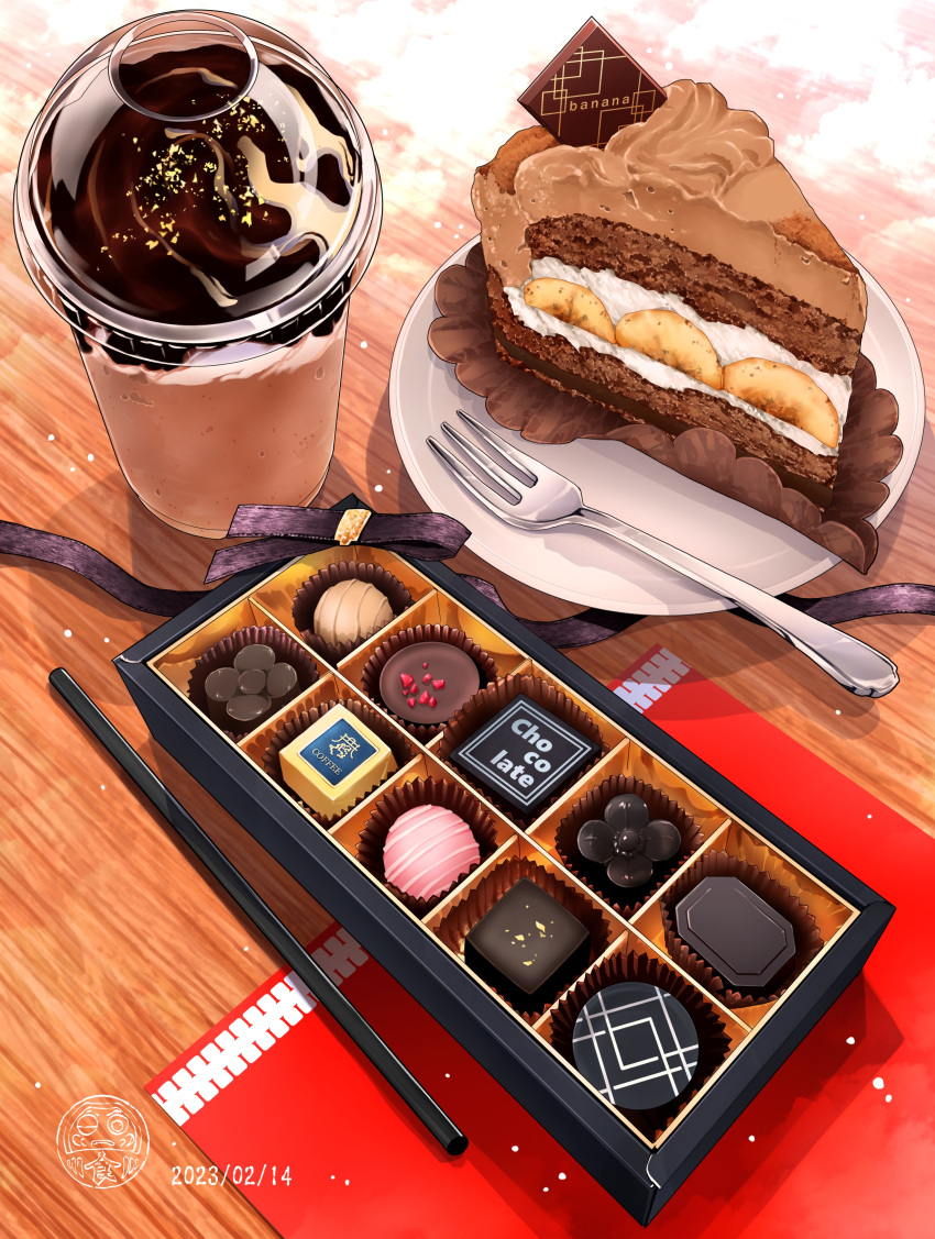 absurdres banana banana_slice box box_of_chocolates cake cake_slice chocolate chocolate_cake cup dated disposable_cup drink drinking_straw flower-shaped_chocolate food food_focus fork frappuccino fruit highres ooranokohaku original plate purple_ribbon ribbon still_life table wooden_table