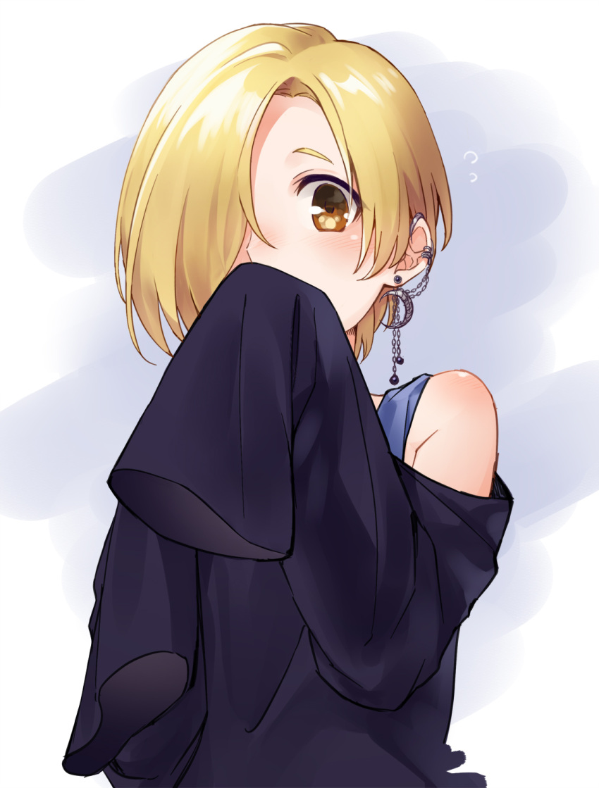 1girl bare_shoulders blonde_hair blue_background blue_tank_top blush earrings flying_sweatdrops hair_over_one_eye highres idolmaster idolmaster_cinderella_girls idolmaster_cinderella_girls_starlight_stage jewelry looking_at_viewer shirasaka_koume short_hair simple_background sleeves_past_wrists solo tank_top toujou_masateru yellow_eyes