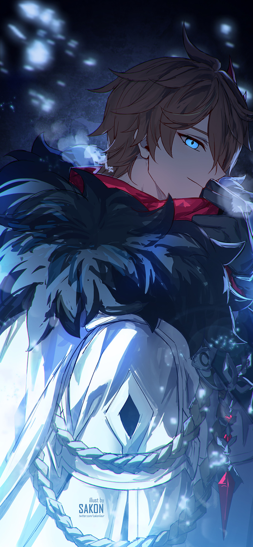 1boy absurdres ahoge artist_name back black_gloves blue_eyes brown_hair closed_mouth coat crystal from_behind fur-trimmed_coat fur_trim genshin_impact gloves hair_between_eyes hand_up highres long_sleeves looking_at_viewer looking_back male_focus mask mask_on_head red_scarf sakon04 scarf short_hair smile solo standing steam tartaglia_(genshin_impact) watermark white_coat wide_sleeves