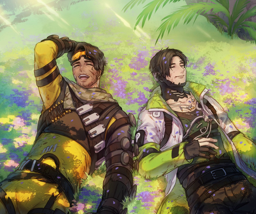 2boys apex_legends belt black_belt black_gloves black_hair black_pants black_shirt blood blood_on_face bodysuit closed_mouth coat crypto_(apex_legends) dbox_2525 facial_hair flower gloves green_sleeves highres injury lying male_focus mirage_(apex_legends) multiple_boys on_back open_clothes open_coat open_mouth outdoors pants partially_fingerless_gloves purple_flower shirt short_hair smile white_coat yellow_bodysuit