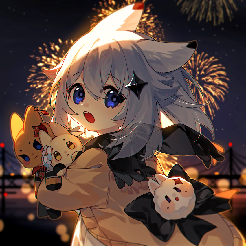 1girl :&lt; :o absurdres animal_ears black_bow black_scarf blue_eyes blurry blurry_background bow brown_jacket character_doll chinese_zodiac closed_mouth fireworks genshin_impact highres holding holding_stuffed_toy jacket kemonomimi_mode long_hair long_sleeves looking_at_viewer looking_back lumine_(genshin_impact) new_year night open_clothes open_jacket paimon_(genshin_impact) rabbit_ears rabbit_girl scarf solo ssm_(ssm82048039) stuffed_toy suspension_bridge tartaglia_(genshin_impact) upper_body white_hair year_of_the_rabbit