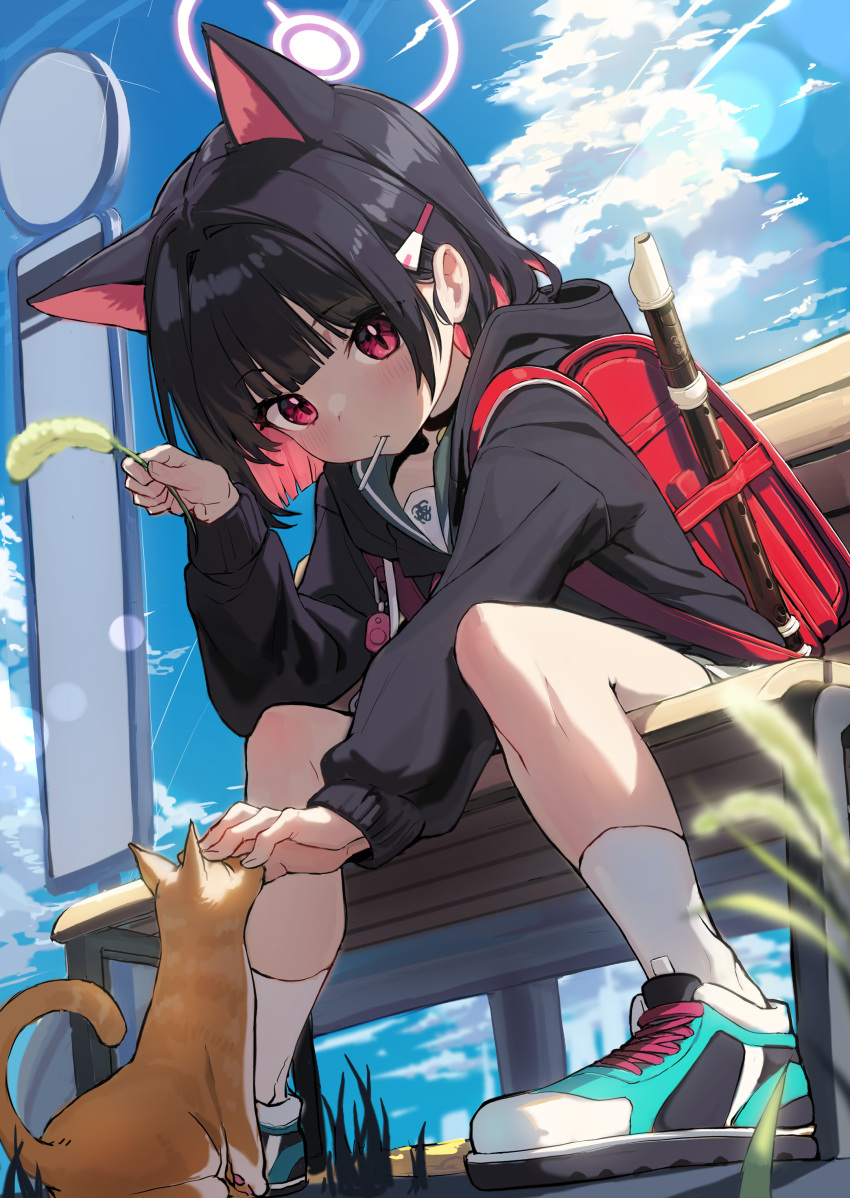 1girl absurdres aged_down animal_ears backpack bada_(jksh5056) bag black_choker black_hair black_hoodie blue_archive blunt_bangs blush candy cat cat_ears cat_girl cattail choker colored_inner_hair commentary crime_prevention_buzzer food food_in_mouth from_below green_sailor_collar hair_ornament hairclip halo highres hood hoodie instrument kazusa_(blue_archive) lollipop long_sleeves looking_at_viewer mouth_hold multicolored_hair on_bench orange_cat outdoors petting pink_eyes pink_hair plant randoseru recorder sailor_collar shoes short_hair sidelocks sitting sleeve_cuffs sneakers socks solo white_socks