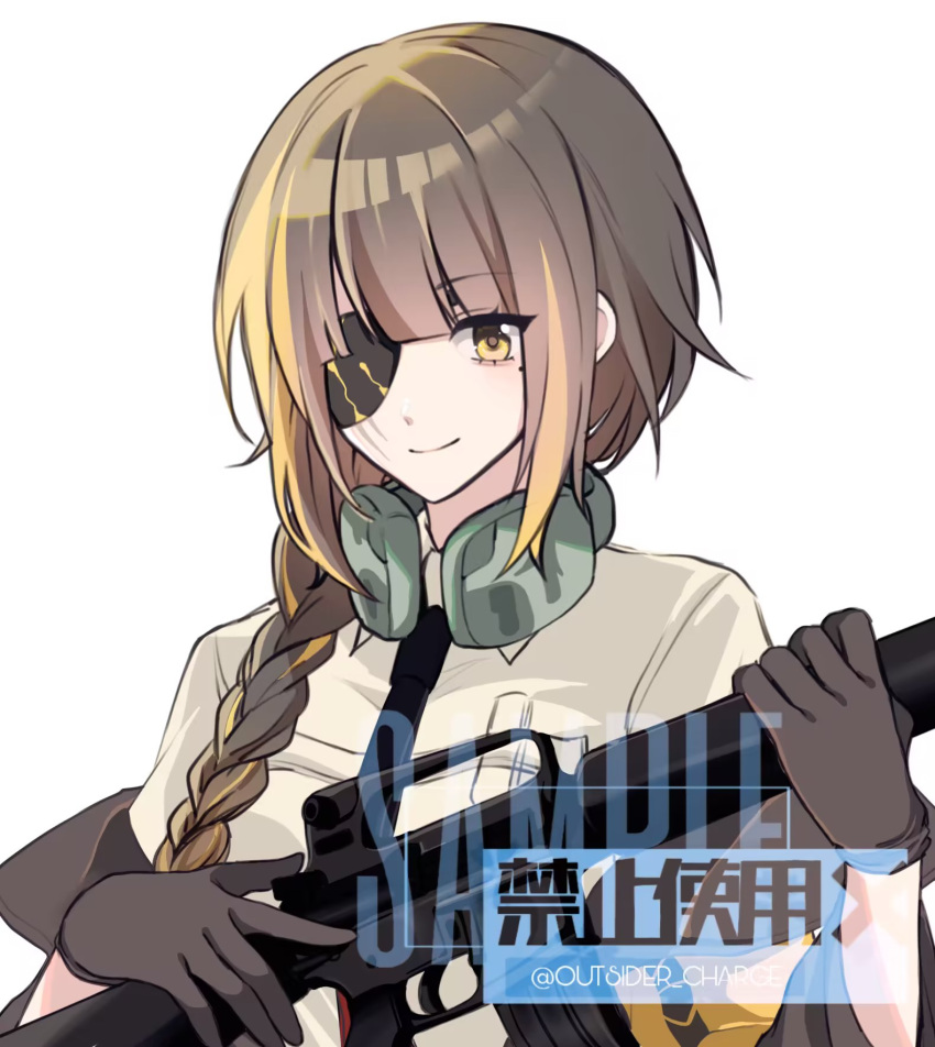 1girl black_gloves black_necktie blonde_hair braid brown_hair collared_shirt commentary commission girls_frontline gloves gun headphones headphones_around_neck highres holding holding_gun holding_weapon jacket long_hair m16a1 m16a1_(girls'_frontline) multicolored_hair name_connection necktie object_namesake off_shoulder open_clothes open_jacket sample_watermark shadow71580825 shirt short_sleeves simple_background single_braid solo streaked_hair twitter_username upper_body weapon white_background white_shirt yellow_jacket