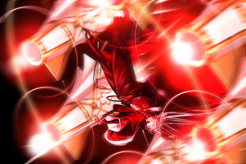 1boy arkray black_background cannon fate/grand_order fate_(series) glowing glowing_weapon holding holding_sword holding_weapon japanese_clothes katana kimono male_focus redhead sandals sword takasugi_shinsaku_(fate) upside-down weapon