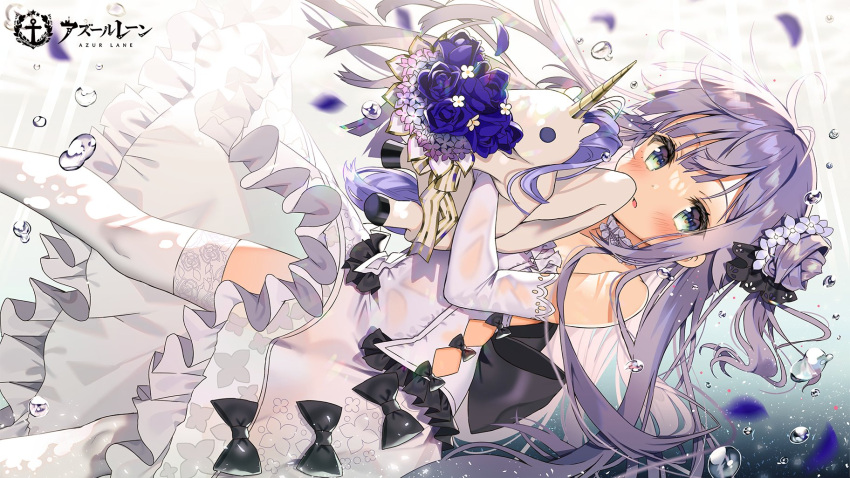 1girl azur_lane bare_shoulders black_ribbon blue_flower blush bouquet dress elbow_gloves flower gloves green_eyes hair_between_eyes hair_flower hair_ornament harunoibuki highres holding holding_bouquet horns long_hair looking_at_viewer official_art open_mouth pleated_dress purple_hair ribbon side_ponytail single_horn solo stuffed_unicorn thigh-highs underwater unicorn_(azur_lane) white_dress white_gloves white_thighhighs