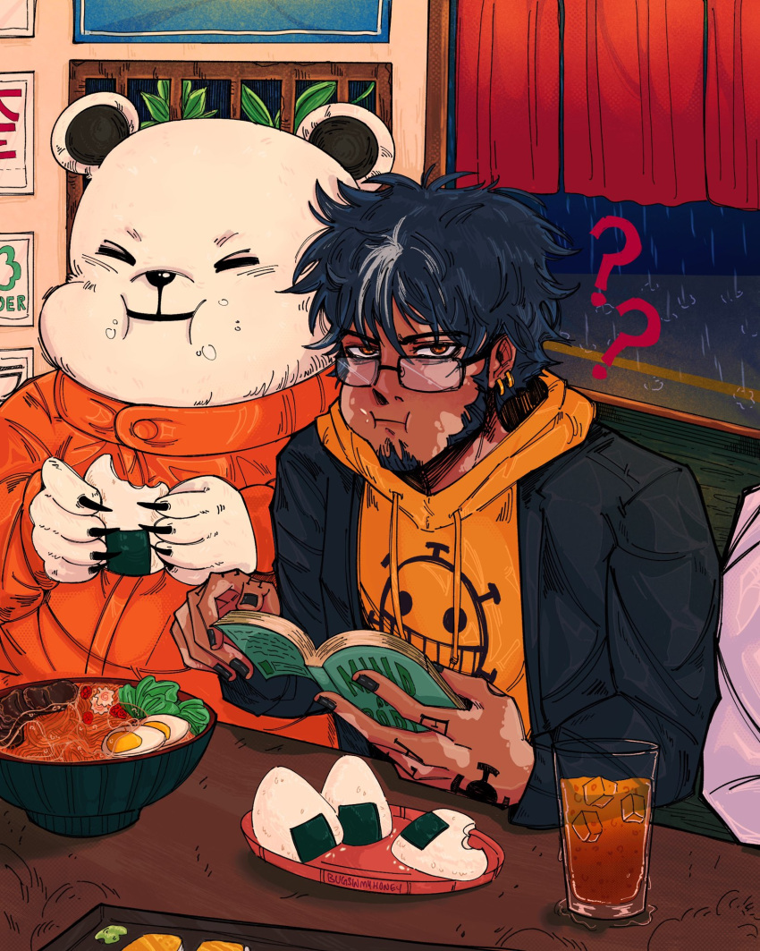 1other 2boys ? ?? alcohol bear beer bepo black_hair black_jacket bugsinmyhoney closed_eyes coat earrings egg egg_(food) facial_hair finger_tattoo food fur_coat goatee highres holding hood hoodie ice ice_cube jacket jewelry looking_at_viewer male_focus multiple_boys noodles one_piece onigiri open_clothes orange_jacket panther_print polar_bear short_hair signature smile tattoo trafalgar_law udon yellow_hoodie