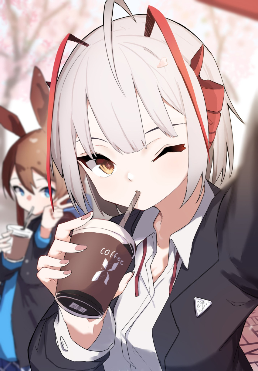 2girls amiya_(arknights) antenna_hair arknights black_jacket blue_eyes blue_shirt blurry blurry_background brown_hair cherry_blossoms coffee_cup cup disposable_cup drinking drinking_straw drinking_straw_in_mouth hair_between_eyes highres holding holding_cup jacket long_sleeves multiple_girls neck_ribbon one_eye_closed outdoors outstretched_arm parted_bangs petals reunion_logo_(arknights) ribbon school_uniform selfie shirt sidelocks tsugu_0928 unbuttoned unbuttoned_shirt undone_neck_ribbon v w_(arknights) white_hair white_shirt wide_sleeves yellow_eyes