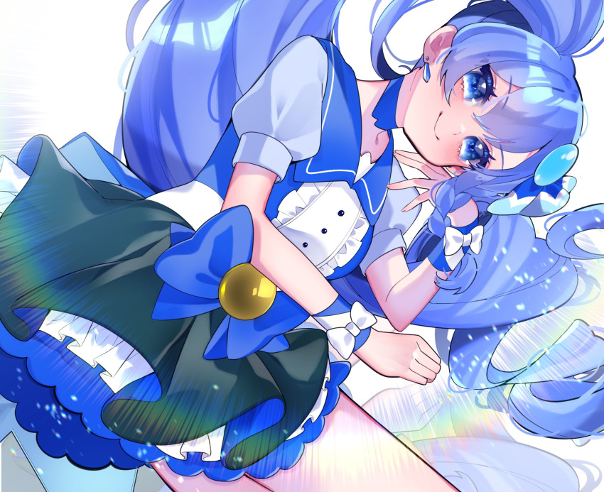 1girl black_skirt blue_bow blue_eyes blue_hair blue_sailor_collar bow drill_hair earrings highres jewelry long_hair magical_girl original precure puffy_short_sleeves puffy_sleeves sailor_collar short_sleeves skirt smile solo twin_drills twintails umemi_meko wrist_cuffs