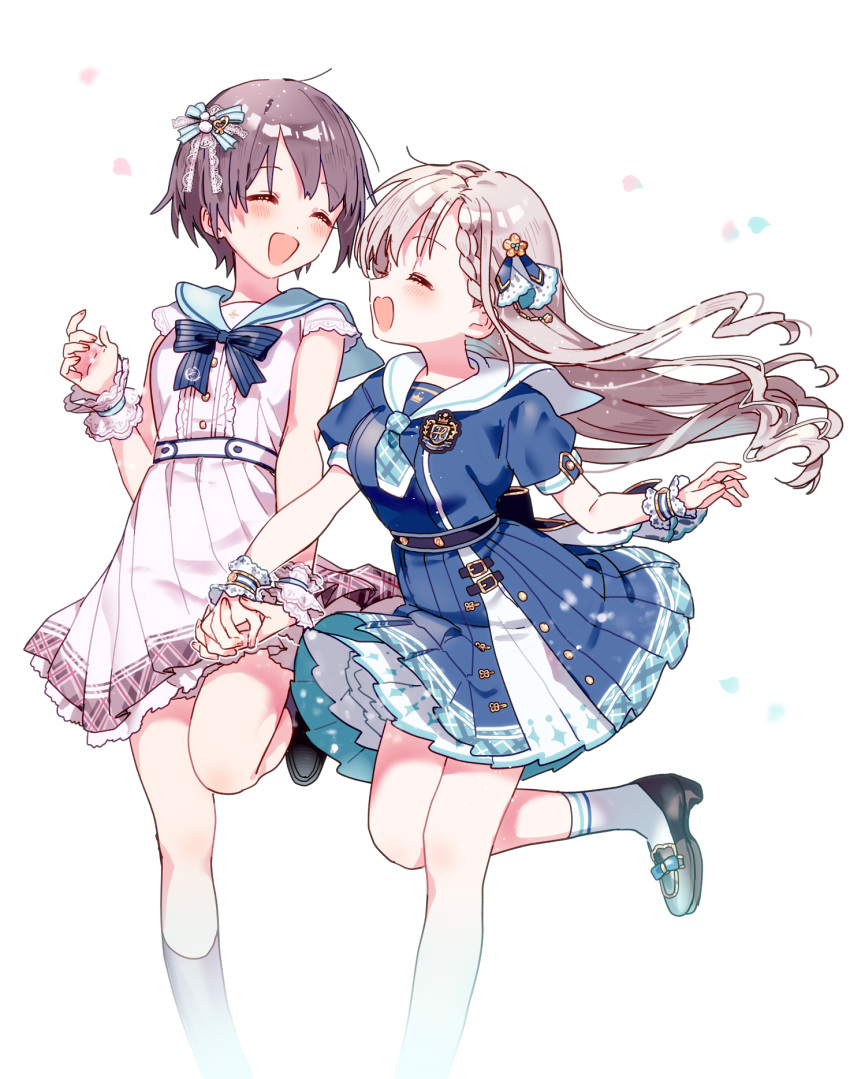 2girls ^_^ banirou black_socks blue_dress blue_neckerchief blue_ribbon blue_sailor_collar blush braid breasts closed_eyes dress emblem grey_hair hair_ribbon highres hisakawa_hayate idolmaster idolmaster_cinderella_girls idolmaster_cinderella_girls_starlight_stage interlocked_fingers layered_dress loafers long_hair multiple_girls neck_ribbon neckerchief open_mouth otokura_yuuki plaid_neckerchief pleated_dress ribbon sailor_collar sailor_dress scrunchie shoes short_hair short_sleeves simple_background smile socks standing standing_on_one_leg striped striped_ribbon very_long_hair white_background white_dress white_socks