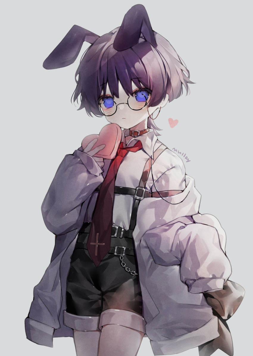 1boy alternate_costume animal_ears artist_name bespectacled black_shorts box chain choker closed_mouth collared_shirt cross eyewear_strap genshin_impact glasses grey_background heart heart-shaped_box highres holding holding_box jacket kemonomimi_mode lanaiwanqi512 long_sleeves looking_at_viewer male_focus necktie open_clothes open_jacket otoko_no_ko purple_hair rabbit_boy rabbit_ears red_choker red_necktie scaramouche_(genshin_impact) shirt short_hair shorts simple_background sleeves_past_wrists solo suspenders violet_eyes white_jacket white_shirt