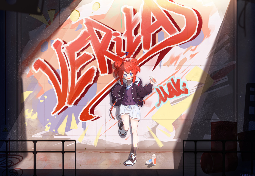 1girl absurdres against_wall ahoge blue_archive blue_eyes blue_necktie blue_sweater_vest character_name collared_shirt double_bun foot_against_wall full_body graffiti hair_bun halo highres hood hooded_jacket jacket looking_at_viewer maki_(blue_archive) necktie nnnnnoeru paint_on_clothes paint_splatter paint_splatter_on_face pleated_skirt puffy_sleeves redhead shirt shoes sidelocks skirt smiley_face sneakers solo spray_can spray_paint standing standing_on_one_leg sunlight sweater_vest white_shirt