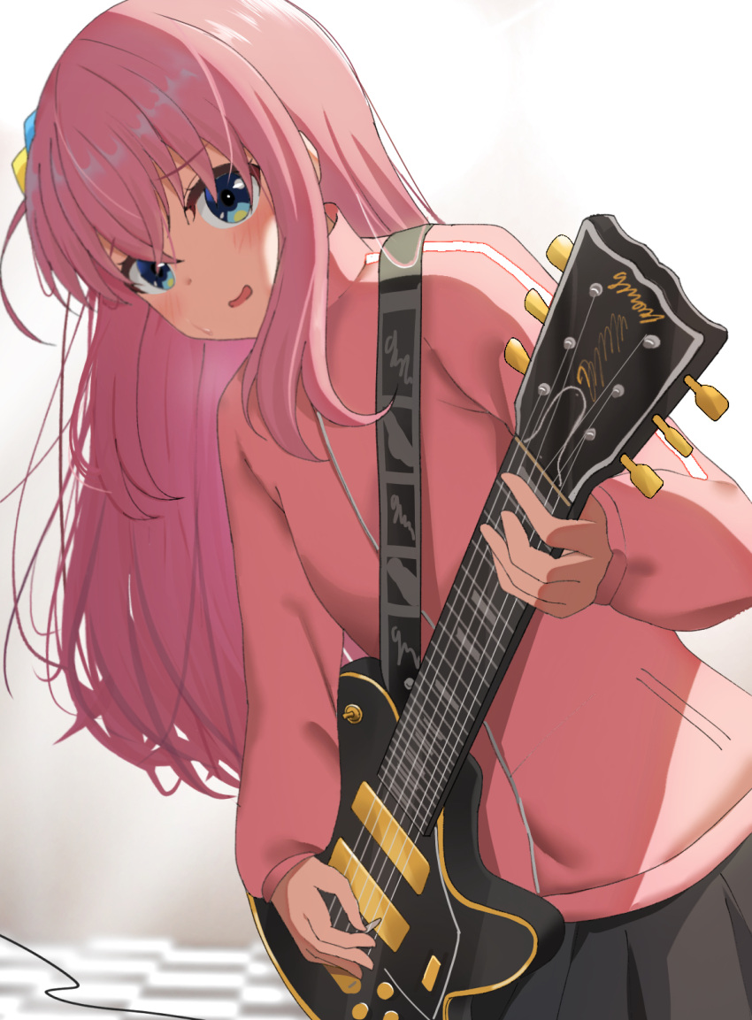 1girl black_skirt blue_eyes blurry blurry_background blush bocchi_the_rock! commentary cowboy_shot crossed_bangs cube_hair_ornament furrowed_brow gotou_hitori guitar hair_between_eyes hair_ornament highres holding holding_instrument instrument jacket leaning_forward long_hair long_sleeves looking_at_viewer miniskirt music nervous_smile one_side_up open_mouth pink_hair pink_jacket playing_instrument pleated_skirt plectrum poa_mellhen sidelocks simple_background skirt smile solo standing sweatdrop upturned_eyes very_long_hair white_background