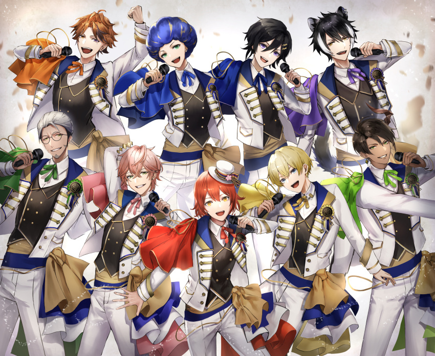 6+boys :d absurdres afro ahoge animal_ears aqua_eyes aragami_oga arm_up arurandeisu astel_leda award_ribbon beard black_hair black_vest blonde_hair blue_capelet blue_eyes blue_hair blue_ribbon blue_sash buttons capelet clenched_hand collared_shirt cowboy_shot crossed_bangs dark-skinned_male dark_skin double-breasted earrings everyone facial_hair flower glasses green_capelet green_eyes green_ribbon grey_hair grin hair_between_eyes hair_ornament hair_slicked_back hairclip halo hanasaki_miyabi hat hat_flower heterochromia highres holding holding_microphone holostars horns idol_clothes jackal_boy jackal_ears jacket jewelry kageyama_shien kanade_izuru karanashi_noma kishido_temma light_particles lightning_bolt_hair_ornament lightning_bolt_symbol long_sleeves looking_at_viewer male_focus microphone mini_hat mini_top_hat mole mole_under_eye multicolored_hair multiple_boys neck_ribbon official_alternate_costume open_clothes open_jacket orange_capelet orange_eyes orange_hair orange_ribbon pants parted_bangs pink_capelet pink_hair pink_ribbon purple_capelet purple_ribbon red_capelet red_ribbon redhead ribbon rikka_(holostars) round_eyewear sash shirt short_hair shoulder_cape single_earring single_horn smile streaked_hair teeth top_hat two-tone_hair upper_teeth_only vest violet_eyes virtual_youtuber white_background white_hair white_headwear white_jacket white_pants white_shirt yellow_capelet yellow_eyes yellow_ribbon yellow_sash yukoku_roberu