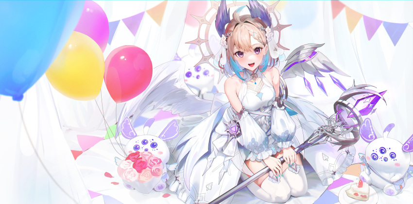 1girl 3others absurdres ahoge aloupeep_(enna_alouette) arahenas bird_girl blonde_hair blue_bow blue_hair bob_cut boots bouquet bow breasts crystal_wings detached_sleeves dress enna_alouette flower frilled_dress frills garter_straps gradient_hair hair_flower hair_ornament halo happy_birthday head_wings highres jewelry knee_boots looking_at_viewer multicolored_eyes multicolored_hair multiple_others nijisanji nijisanji_en official_alternate_costume official_alternate_hairstyle pleated_dress puffy_sleeves purple_wings rose seiza short_hair sitting sleeveless small_breasts smile staff thigh-highs veil violet_eyes virtual_youtuber waist_cape white_flower white_footwear white_thighhighs white_wings wings yellow_eyes