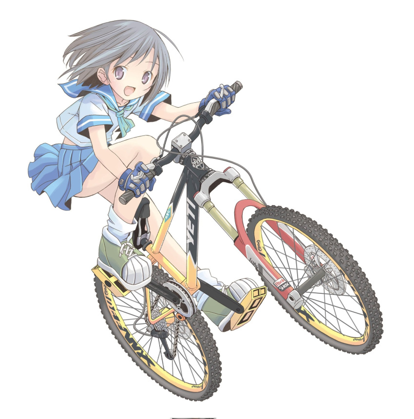 1girl bare_legs bicycle blue_sailor_collar blue_serafuku brown_hair check_commentary commentary commentary_request gloves ground_vehicle highres mountain_bicycle neckerchief open_mouth pleated_skirt pop_(electromagneticwave) riding riding_bicycle sailor_collar school_uniform serafuku shoes short_hair short_sleeves skirt smile socks solo tire violet_eyes white_background white_socks