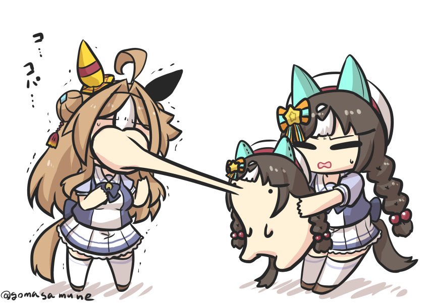 3girls absurdres animal_ears beret black_hair blue_bow blue_shirt bow braid breasts brown_footwear brown_hair chibi closed_eyes copano_rickey_(umamusume) double_bun goma_(gomasamune) hair_bobbles hair_bow hair_bun hair_intakes hair_ornament hat highres hokko_tarumae_(umamusume) holding horse_ears horse_girl horse_tail low_twintails multicolored_hair multiple_girls parted_lips pleated_skirt puffy_short_sleeves puffy_sleeves school_uniform shadow shirt shoes short_sleeves simple_background skirt small_breasts solid_circle_eyes star_(symbol) star_hair_ornament streaked_hair striped striped_bow tail thigh-highs tracen_school_uniform trembling twin_braids twintails umamusume wavy_mouth white_background white_hair white_headwear white_skirt white_thighhighs