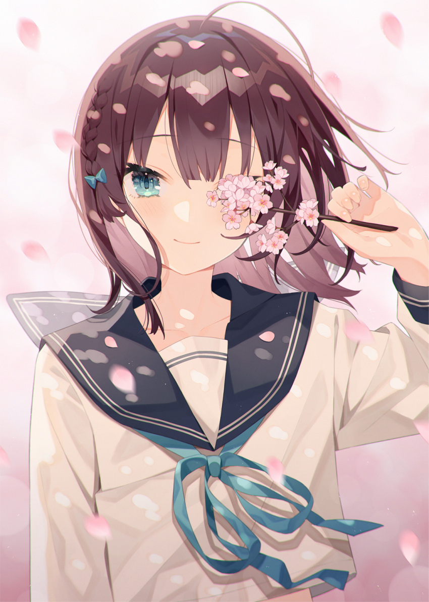 1girl ahoge black_sailor_collar blue_bow blue_eyes blue_ribbon bow braid branch brown_hair cherry_blossoms closed_mouth collarbone commentary_request flower gradient_background hair_between_eyes hair_bow hand_up highres holding holding_branch long_sleeves minasenagi neck_ribbon original petals pink_background pink_flower ribbon sailor_collar school_uniform serafuku shirt smile solo upper_body white_shirt