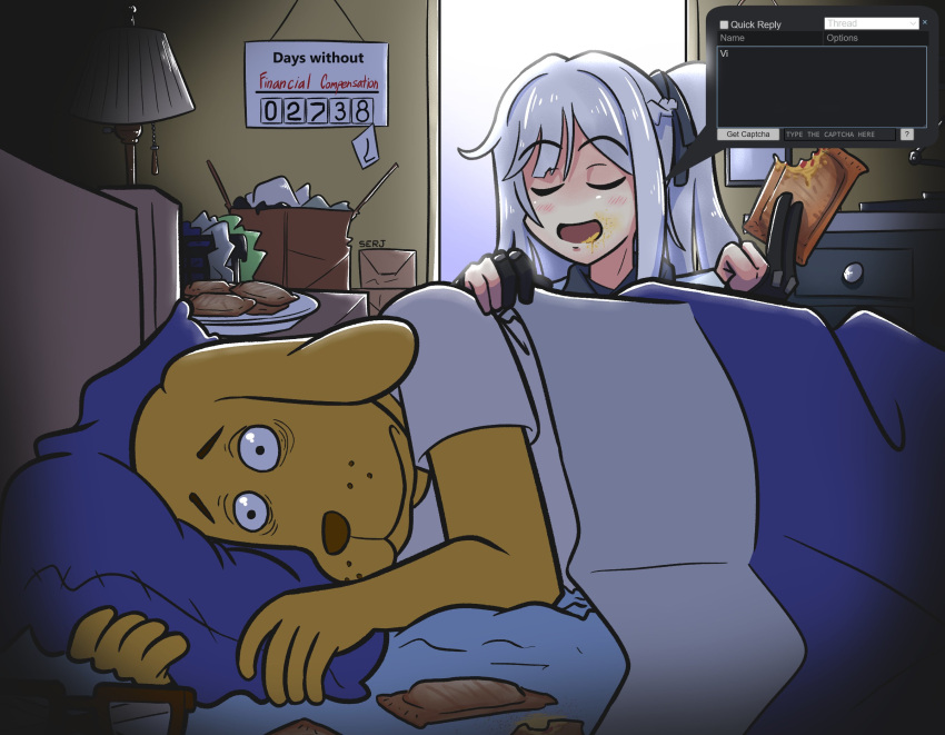 1boy 1girl 4chan ak-12_(girls'_frontline) arthur_(series) artist_name bags_under_eyes bed bedroom black_gloves breasts closed_eyes colored_skin desk dog drawer eating english_text food furry furry_male furry_with_non-furry girls_frontline glasses gloves grey_hair hand_on_another's_shoulder highres hot_pocket indoors interspecies janitor john_morris lamp large_breasts long_hair long_sleeves mirror open_door open_mouth partially_fingerless_gloves pillow serjatronic shirt sign sleeping smile tactical_clothes unusually_open_eyes white_shirt yellow_skin