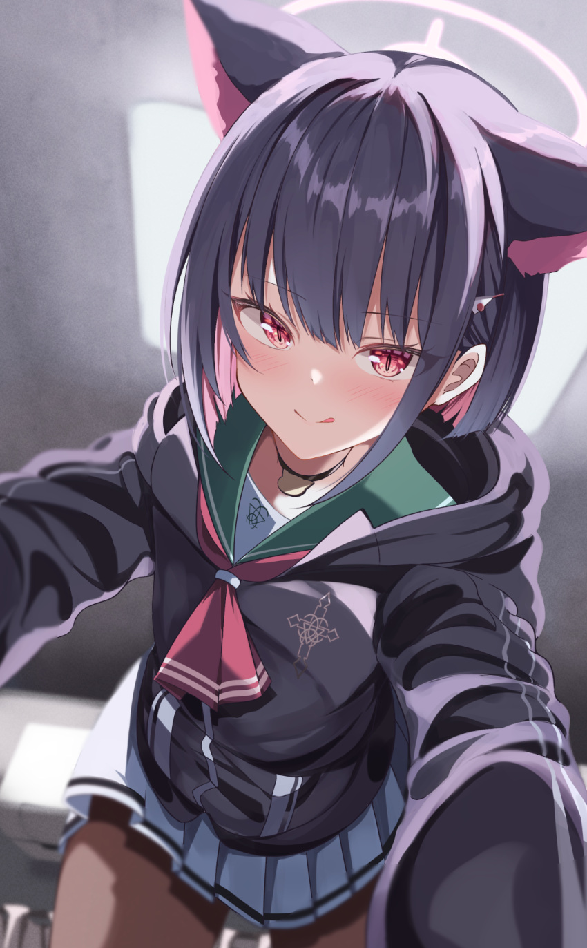1girl :q acchii_(akina) all_fours animal_ears black_choker black_hair black_pantyhose blue_archive blunt_bangs blurry cat_ears cat_girl choker colored_inner_hair commentary_request depth_of_field from_below hair_ornament hairclip halo highres hood hooded_sweater indoors kazusa_(blue_archive) long_sleeves looking_at_viewer multicolored_hair pantyhose pendant_choker pleated_skirt pov red_eyes school_uniform serafuku short_hair sidelocks skirt smile solo sweater tongue tongue_out white_skirt