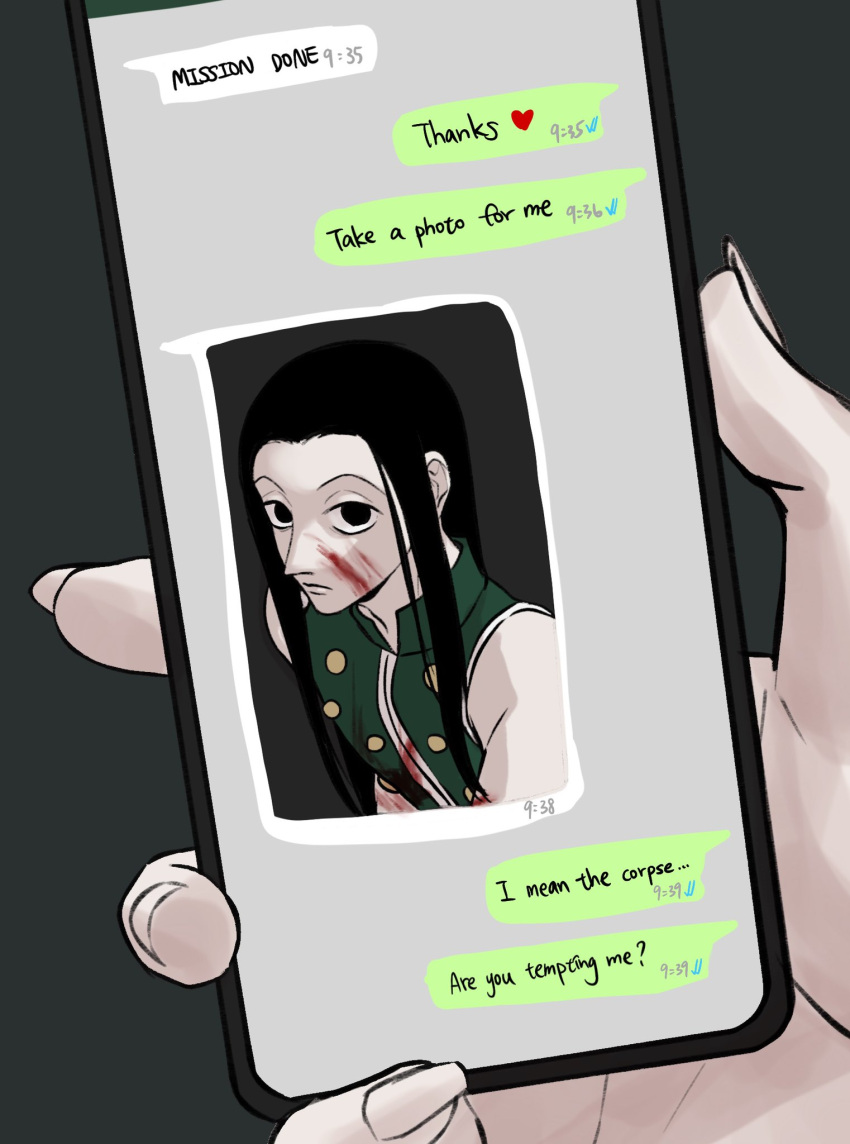 2boys black_hair blood blood_on_face cellphone_picture chat_log empty_eyes english_text enyalee fingernails highres hisoka_morow holding holding_phone hunter_x_hunter illumi_zoldyck implied_yaoi long_hair looking_at_viewer male_focus multiple_boys phone pov pov_hands sharp_fingernails short_hair