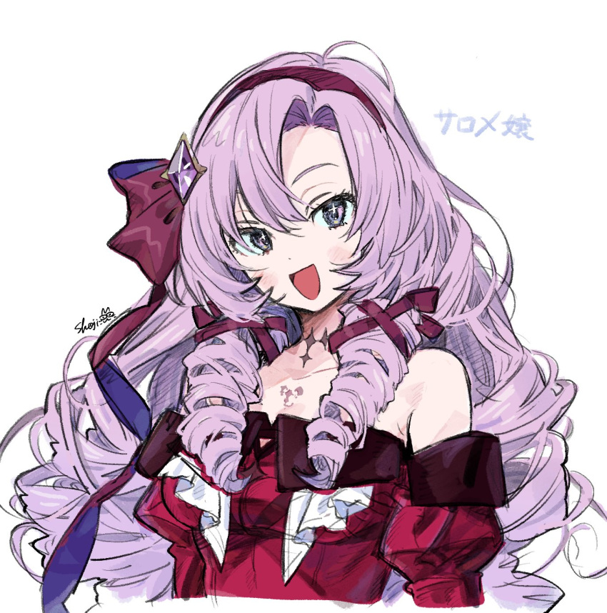 1girl bare_shoulders blush breasts cropped_arms cropped_torso dress drill_hair fusuma_(nohbrk) hair_ornament hair_ribbon hairband highres hyakumantenbara_salome juliet_sleeves light_purple_hair long_hair long_sleeves medium_breasts nijisanji open_mouth parted_bangs portrait puffy_sleeves purple_hairband purple_ribbon red_dress ribbon sidelocks signature simple_background solo violet_eyes virtual_youtuber white_background