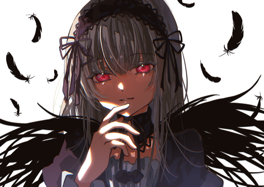 1girl absurdres black_collar black_dress black_hairband black_ribbon black_wings blunt_bangs collar commentary_request detached_collar dress feathered_wings feathers frilled_hairband frills gothic_lolita grey_hair hair_ribbon hairband highres lolita_fashion lolita_hairband long_hair looking_at_viewer matsu_matsu55 neck_ribbon parted_lips portrait red_eyes ribbon rozen_maiden simple_background smile solo suigintou white_background wings