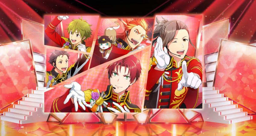 5boys akai_suzaku akiyama_hayato brown_eyes brown_hair cat gloves green_eyes green_hair hair_ornament headset highres idol idolmaster idolmaster_side-m idolmaster_side-m_growing_stars kimura_ryu long_sleeves male_focus mayumi_eishin multicolored_hair multiple_boys nyako_(idolmaster) official_art one_eye_closed orange_hair pointing redhead smile stairs streaked_hair watanabe_minori white_gloves