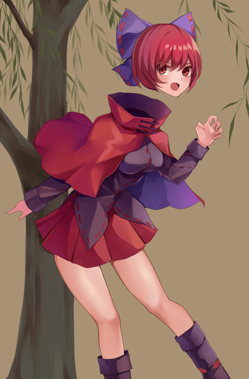 1girl absurdres black_footwear black_shirt blue_bow blush boots bow cape disembodied_head feet_out_of_frame hair_bow highres koizumo long_sleeves open_mouth red_cape red_eyes red_skirt redhead sekibanki shirt short_hair skirt solo touhou